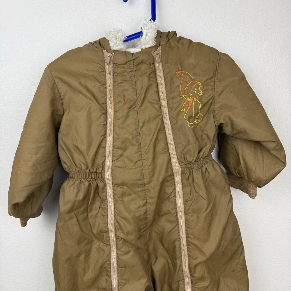 VTG Sears Toddler Snowsuit Brown Cat Embroidery Dual Zipper Faux Fur Hood 24–30M